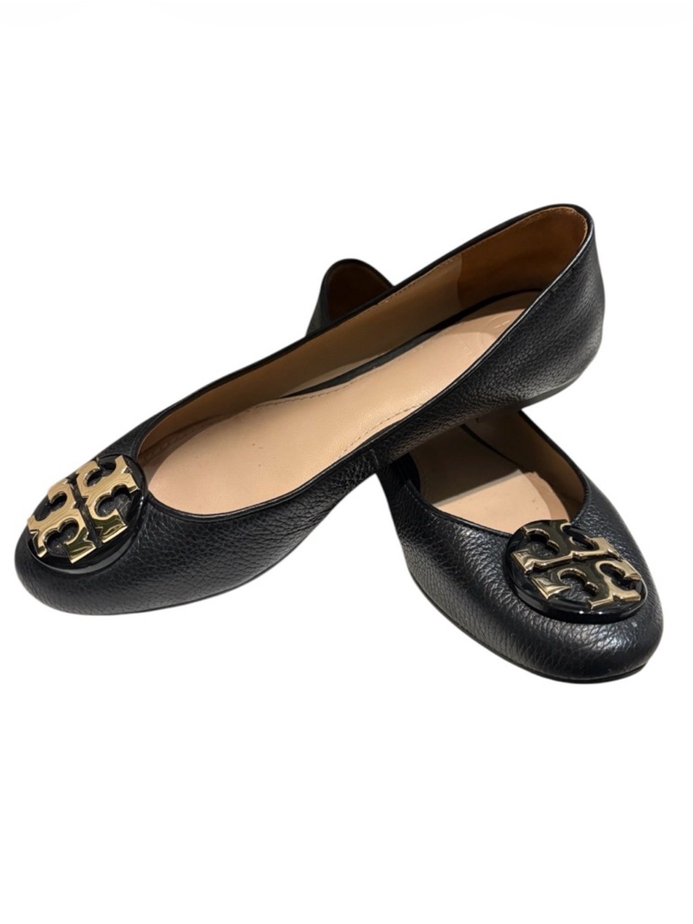 Tory Burch Black Leather Ballet Flats with Gold Logo